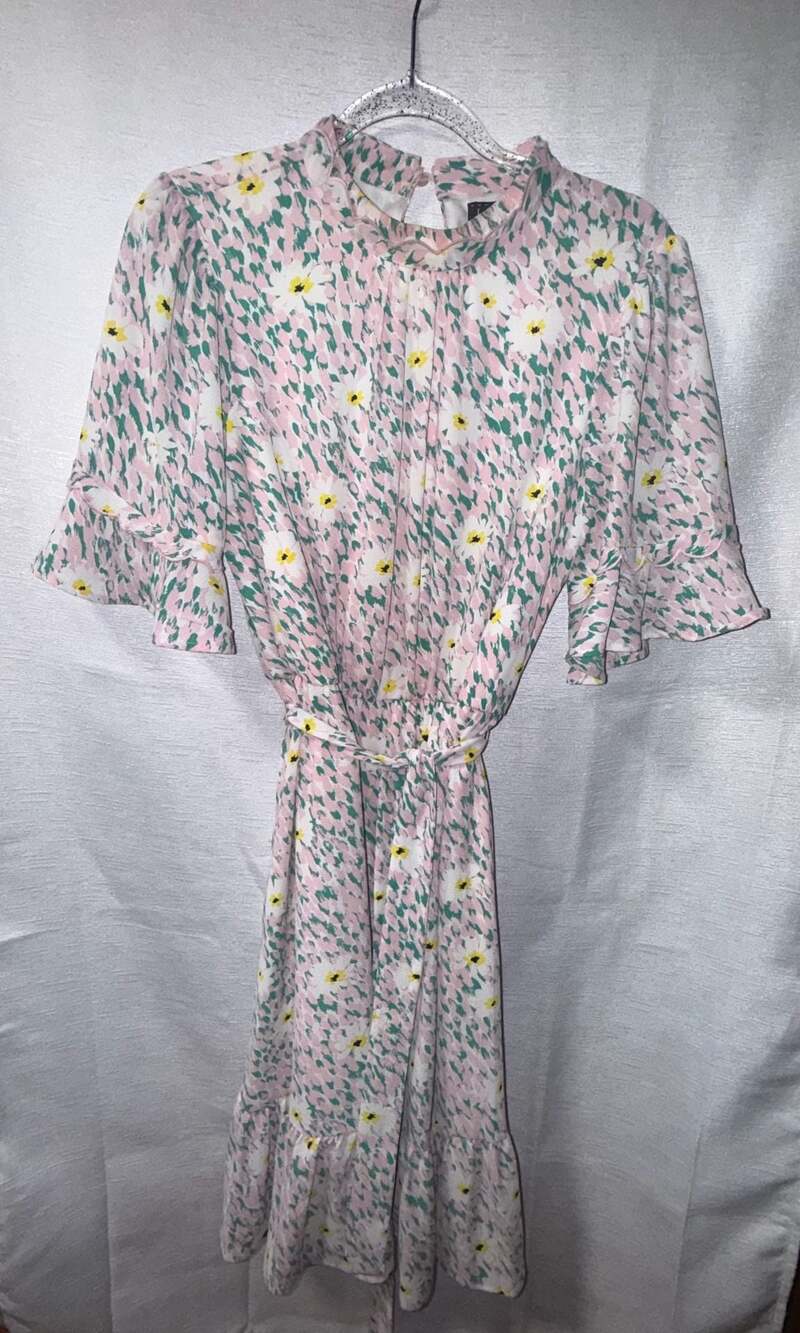 Luxology Women's Floral Pattern Mock Neck Flutter Sleeve Belted Dress